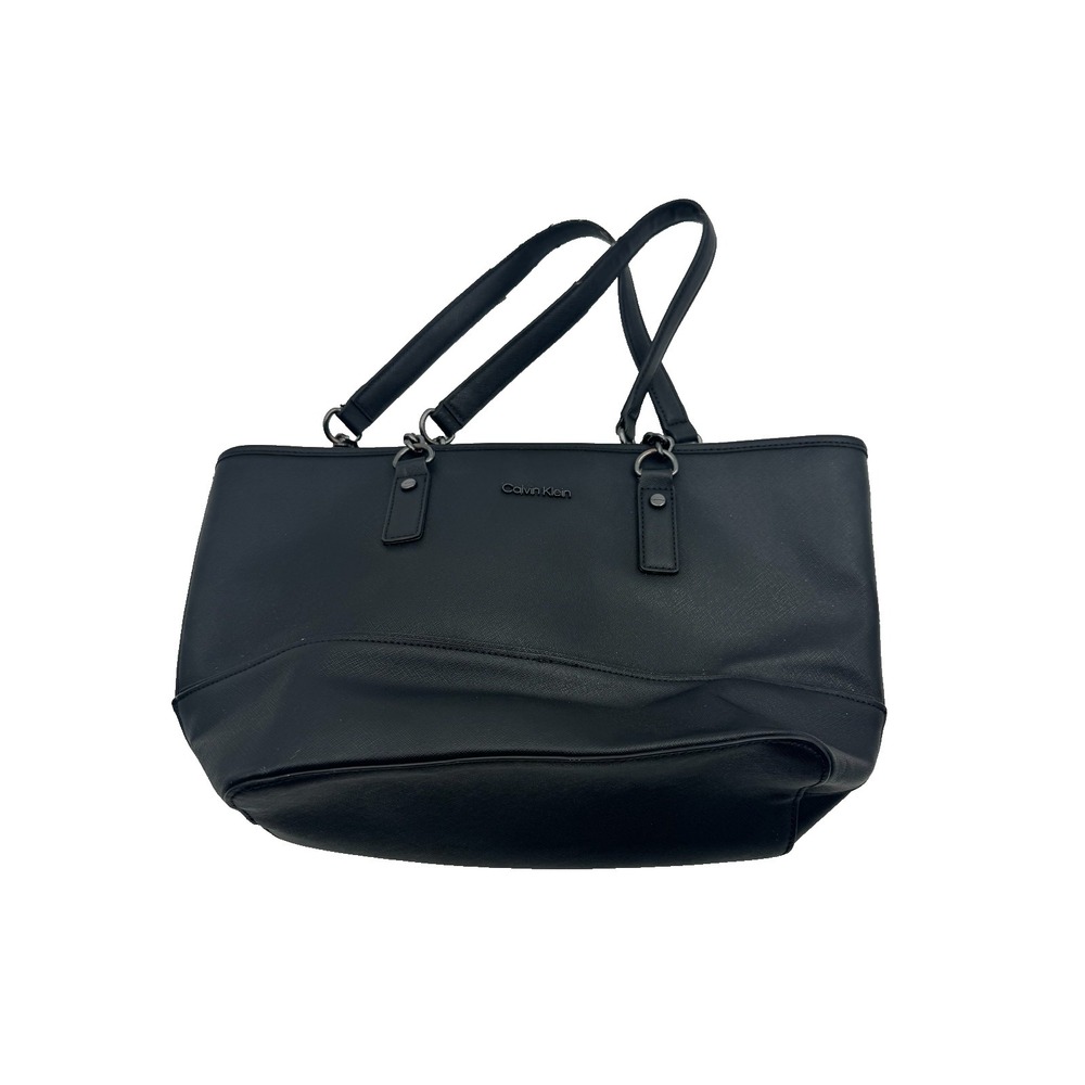 Calvin Klein Tote Bag Womens Black Saffiano Leather Double Handle Shoulder Purse